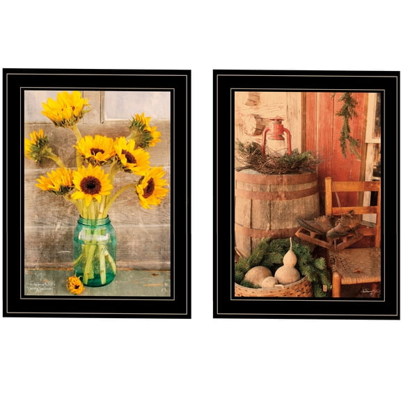 JERFIT Vintage Sunflower Wall Art Set of 2, Country Landscape Framed Canvas Prints for Living Room Bedroom Decor, Multicolor