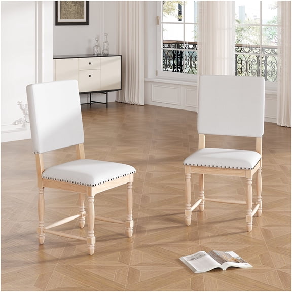 JERFIT Vintage Upholstered Dining Chairs Set of 2, Farmhouse Kitchen Side Chairs with Padded Seat and Back, Distressed White Finish Rubberwood Frame
