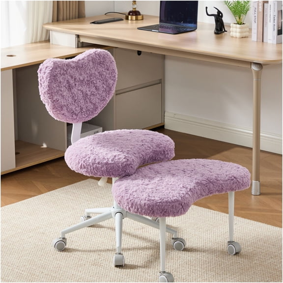JERFIT Violet Faux Fur Ergonomic Office Chair with Adjustable Lumbar Support, Headrest, 3D Armrests, Reclining Mesh Back for Home Office Desk