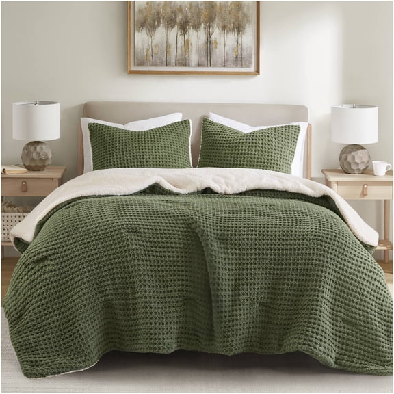 JERFIT Waffle Knit Chenille King Comforter Set with Sherpa Reverse, Olive Green, Ultra Soft & Breathable Bedding Ensemble