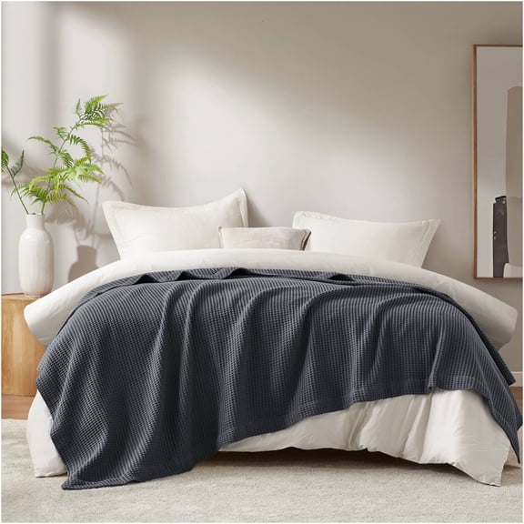 JERFIT Waffle Weave Cotton Blanket Queen Size, 90x90 Inch Ultra Soft & Breathable Summer Throw, Lightweight All Season Bed Blanket, Dark Grey