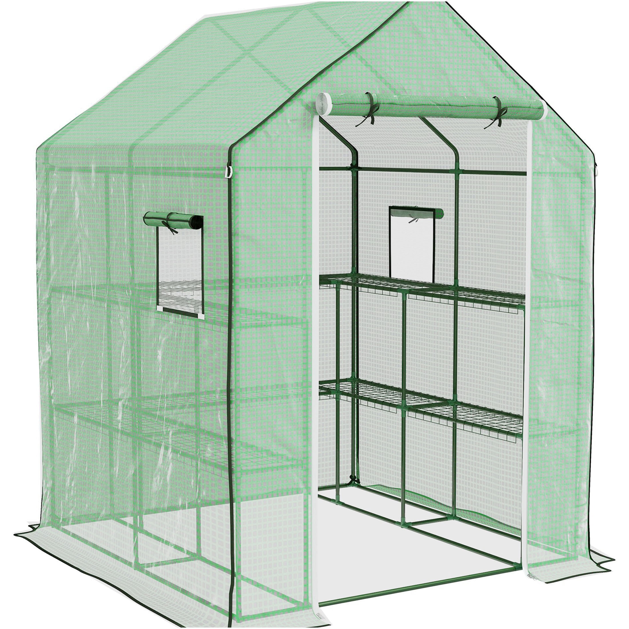 JERFIT Walk-In Portable Greenhouse with Shelves, UV & Water Resistant Outdoor Garden Greenhouse for Plants, Ventilation Windows & Roll-Up Door, Green