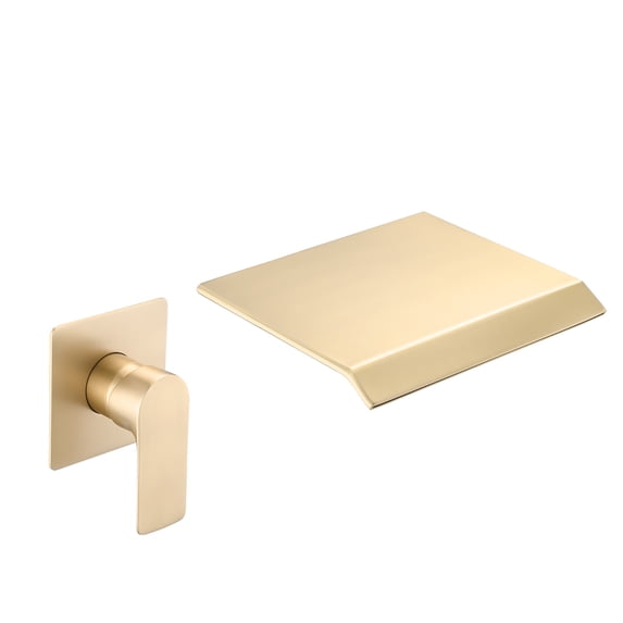 JERFIT Wall Mount Waterfall Tub Filler, Single Handle Brushed Gold Bathroom Faucet with Rough-in Valve, Modern High Flow Bath Sink Faucet