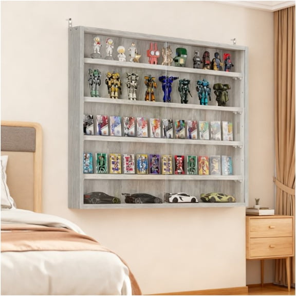 JERFIT Wall Mounted Display Cabinet with Glass Doors, 4 Adjustable Shelves Grey Showcase for Collectibles, Model Cars, Figurines