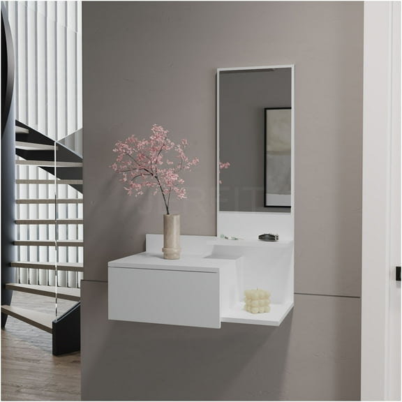 JERFIT Wall Mounted Entryway Cabinet with Mirror, Drawer and Shelf, Floating Bathroom or Hallway Storage Organizer, White Engineered Wood