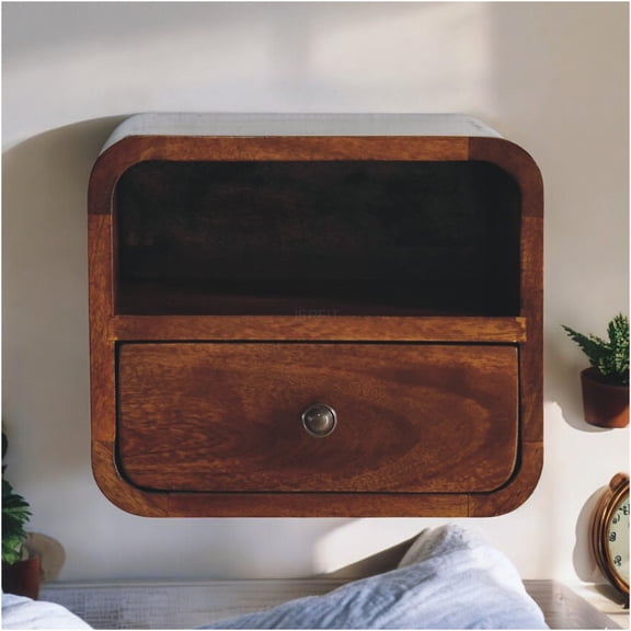 JERFIT Wall Mounted Nightstand with Drawer, Small Curved Mango Wood Bedside Table, Open Shelf Floating Night Stand for Bedroom, Brown