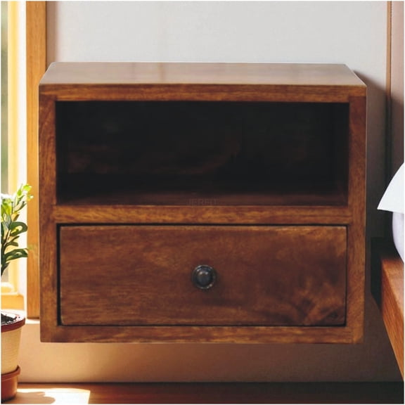 JERFIT Wall Mounted Nightstand with Drawer, Solid Mango Wood Floating Bedside Table, Chestnut Brown Modern Bedroom Storage Cabinet