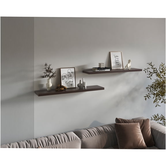 JERFIT Wall Mounted Shelves Set of 2, Dark Walnut Floating Shelves for Living Room, Bedroom, Bathroom, 1.5" H Engineered Wood Storage Shelves