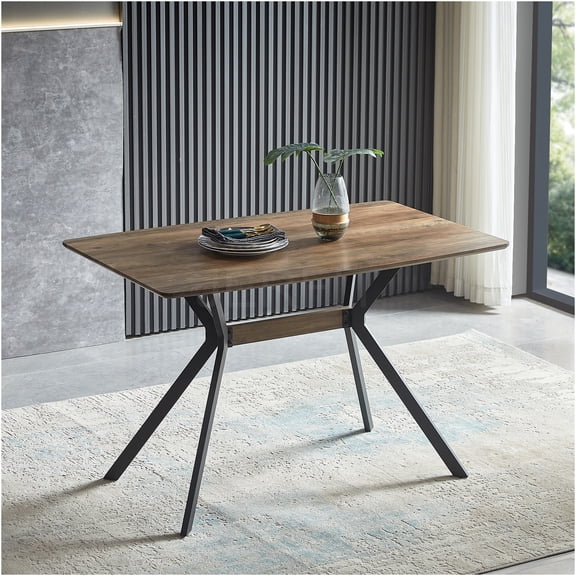 JERFIT Walnut & Black Modern Dining Table for Kitchen Office, MDF Top with Metal Legs, Minimalist Design Dining Room Table