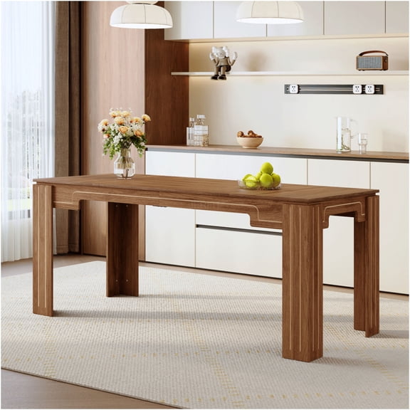 JERFIT Walnut Dining Table for 6-8 People, Modern Farmhouse Kitchen Table with Grooved Legs, Large Spliced MDF Desk for Dining Room, Living Room, Home Office