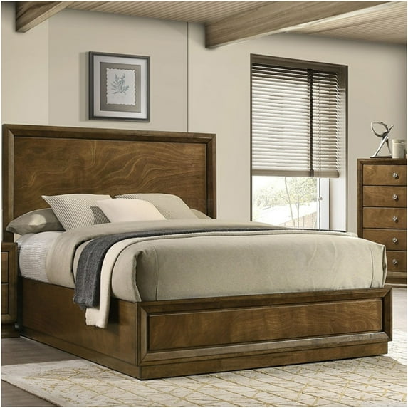 JERFIT Walnut Full Size Panel Bed Frame with High Headboard, Transitional Style Engineered Wood Platform Bed, Foundation-Free Design