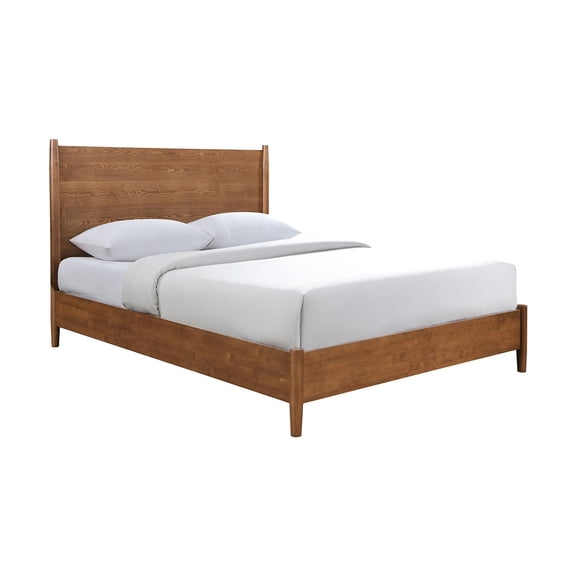 JERFIT Walnut Queen Size Solid Wood Bed Frame with Panel Headboard, Mid-Century Modern Platform Bed, Mattress Foundation Ready, No Box Spring Needed
