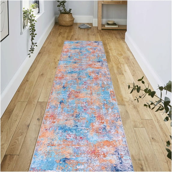 JERFIT Washable Runner Rug 2.5x10 Feet Non Slip Low Pile, Non Shedding Foldable Area Rugs for Kitchen Hallway Bedroom, Multi Color Polyester Carpet
