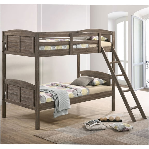 JERFIT Twin over Twin Bunk Bed, Weathered Brown Finish Space Saving Wood Bunkbed with Ladder and Guardrails, Converts to Two Standalone Beds