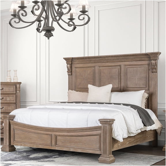 JERFIT Weathered Oak Eastern King Bed Frame, Traditional Solid Wood Headboard with Carved Details for Bedroom