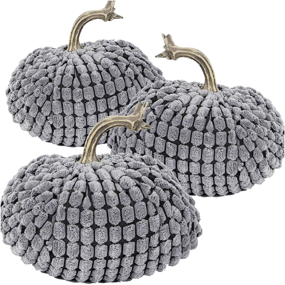 JERFIT Weighted Chenille Pumpkins Decor, Set of 3 Gray Textured Polyester Fall Tabletop Decorations for Thanksgiving Halloween