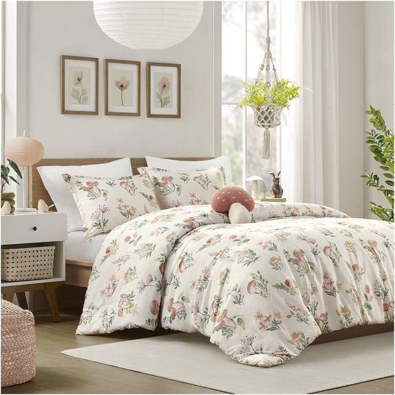 JERFIT Whimsical Mushroom & Floral Comforter Set, Green Botanical Microfiber Bedding Set for Twin/Twin XL, Hypoallergenic & Antimicrobial