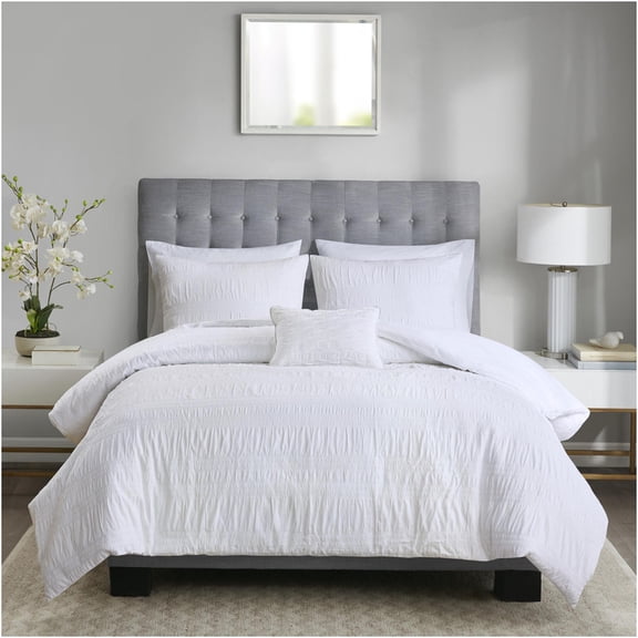JERFIT White 100% Cotton Seersucker Duvet Cover Set, King/Cal King 4-Pc Bedding Set with Decorative Pillow, Textured Stripe Pattern, Machine Washable