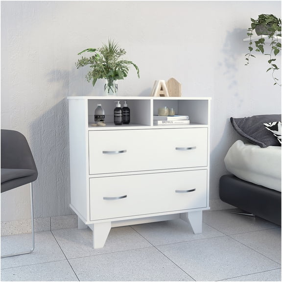 JERFIT White 2-Drawer Storage Dresser with 2 Open Shelves, Compact Bedroom Chest of Drawers