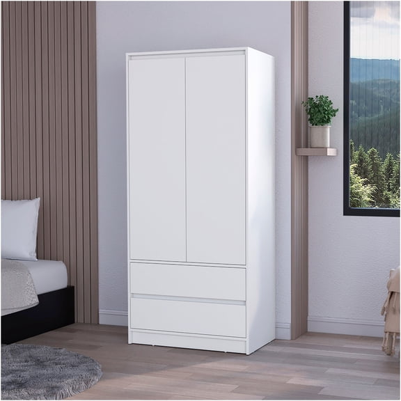 JERFIT White 2-Drawer Wardrobe Armoire with Hanging Rod, Freestanding Storage Cabinet for Bedroom and Living Room