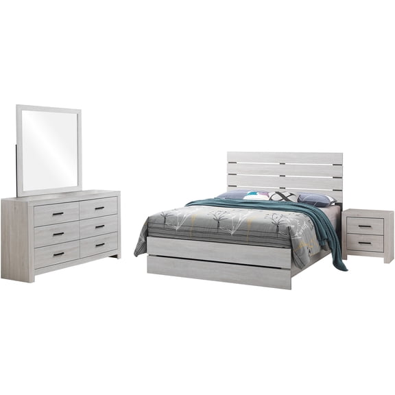 JERFIT White 4-Piece Queen Bedroom Set with Slatted Headboard, Nightstand, Dresser & Mirror for Modern Coastal Bedroom
