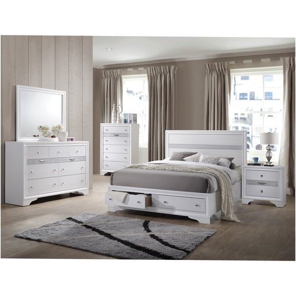 JERFIT White 5-Piece King Bedroom Set with Storage, Traditional Wood Bed Frame, Dresser, Mirror, Chest and Nightstand