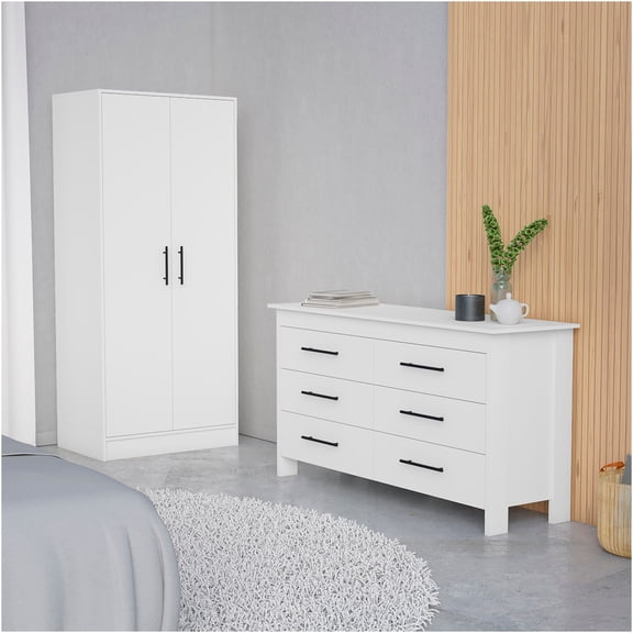 JERFIT White 7-Drawer Dresser and Armoire Bedroom Set with Hanging Rod, Storage Shelf, Engineered Wood