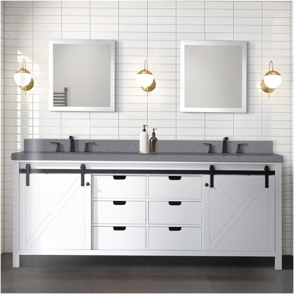 JERFIT White 84 Inch Double Sink Bathroom Vanity Set with Quartz Countertop and Mirrors, Soft Close Drawers