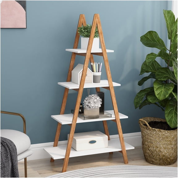 JERFIT White A-Frame Ladder Bookshelf, 4-Tier Oxford Display Shelf, Solid MDF Storage Rack for Living Room, Office, Bedroom