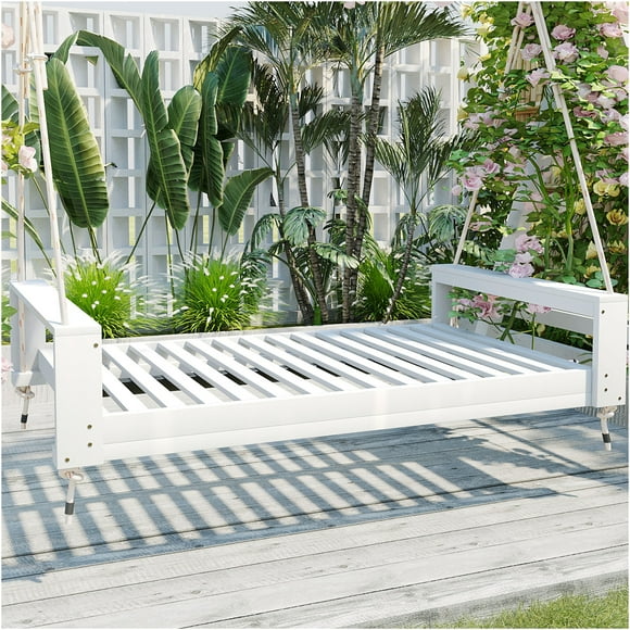 JERFIT White Acacia Wood Porch Swing Bed for Outdoor, Twin Size Hanging Rope Swing Chair with Mattress Space, 400lb Capacity Patio Daybed for Garden, Backyard