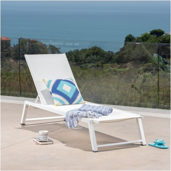 JERFIT White Adjustable Chaise Lounge Chair, Outdoor Patio Poolside Reclining Sunbathing Chair with Breathable Mesh, Aluminum Frame