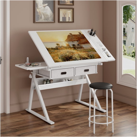 JERFIT White Adjustable Drafting Table with Stool, Tiltable Drawing Desk for Artists, Architects & Students, Home Office Furniture with Storage Drawers