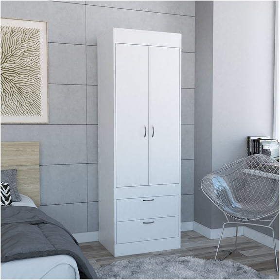 JERFIT White Armoire with Hanging Rod, Double Door Wardrobe with 2 Drawers for Bedroom Storage
