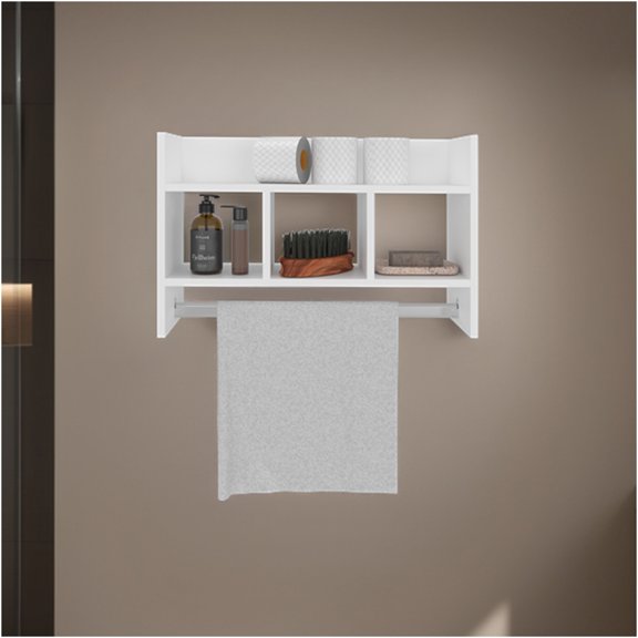 JERFIT White Bathroom Wall Shelf with Towel Rack, 4-Tier Storage Organizer Unit, Space Saving Engineered Wood Shelving for Towels & Toiletries