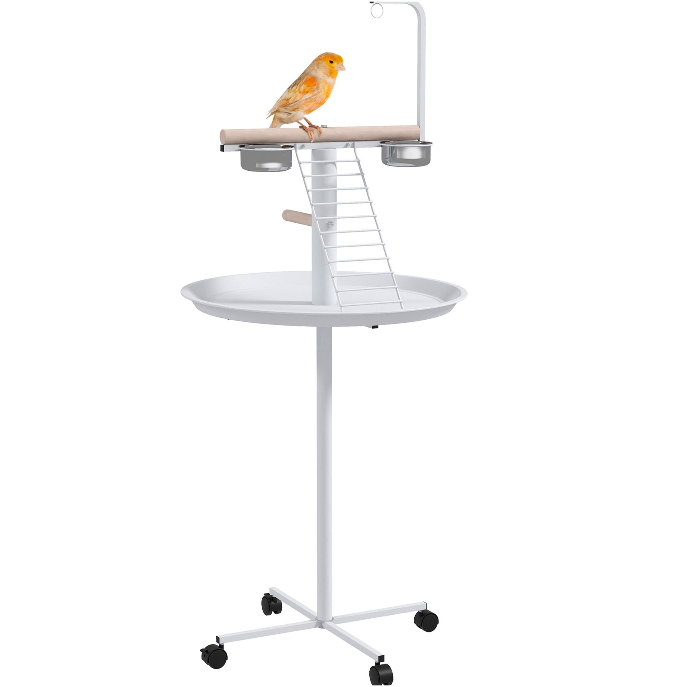 JERFIT White Bird Cage Stand on Wheels, Mobile Parrot Play Gym with Stainless Steel Bowls, Perches & Ladder for Small Parakeets Cockatiels Lovebirds Indoor Outdoor Use