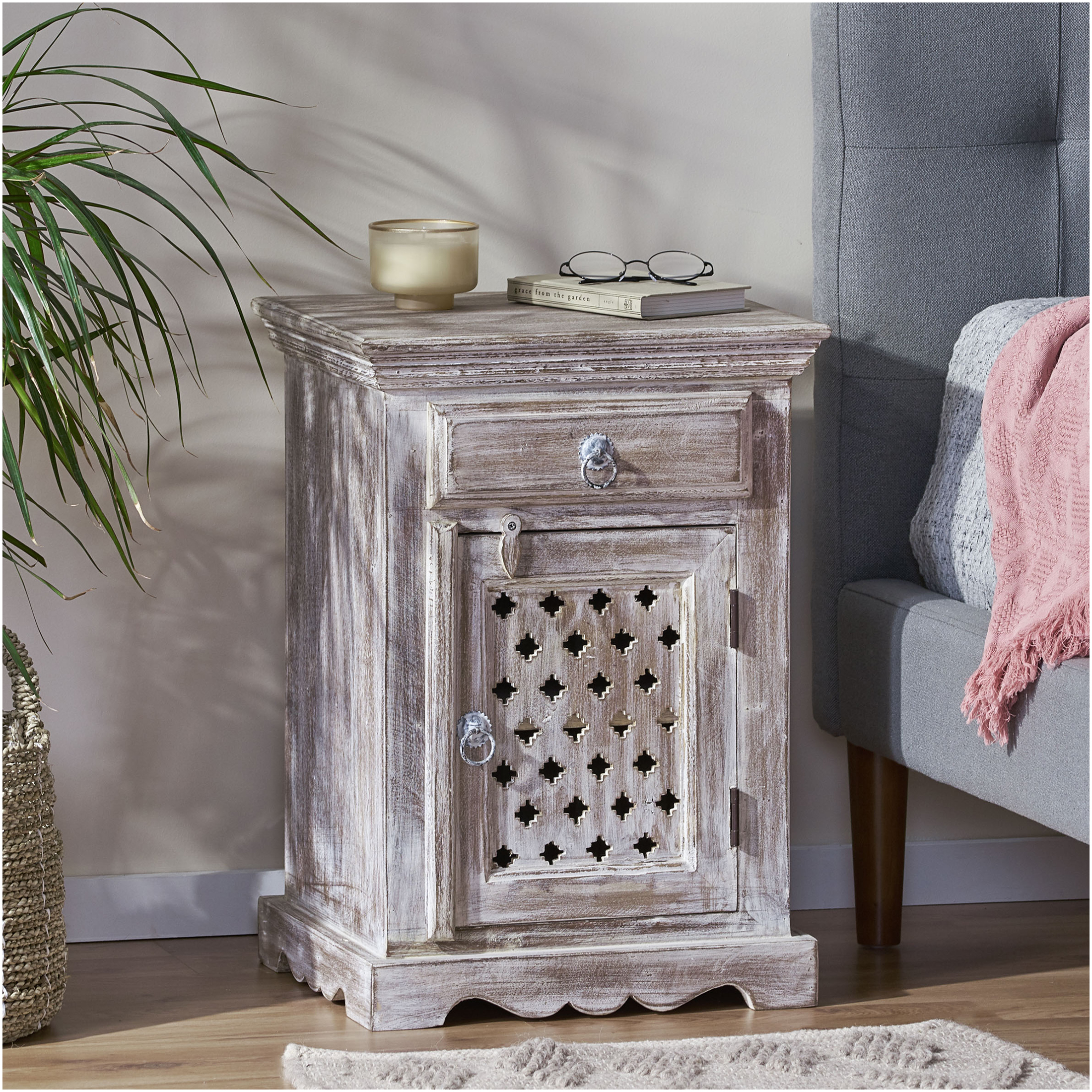 JERFIT White Boho Nightstand with Drawer & Cabinet, Mango Wood Bedside ...
