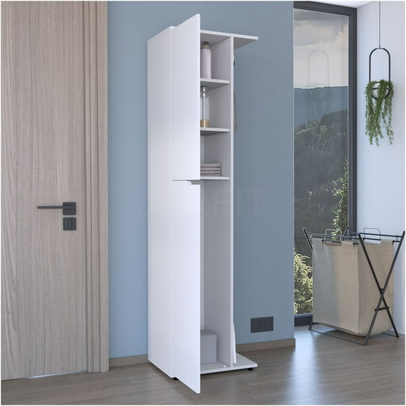 JERFIT White Broom Closet Cabinet with Door, 4 Shelves & Mop Holder, Freestanding Storage Organizer for Cleaning Supplies