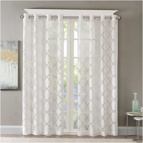 JERFIT White Burnout Fretwork Sheer Curtain Panel 50x95 Inch, Lightweight Grommet Top Window Treatment for Living Room Bedroom, 1 Panel