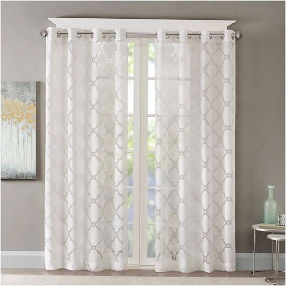 JERFIT White Burnout Sheer Curtain Panel, Fretwork Design Light Filtering Window Drapes 50x84 Inch, Grommet Top for Easy Hanging