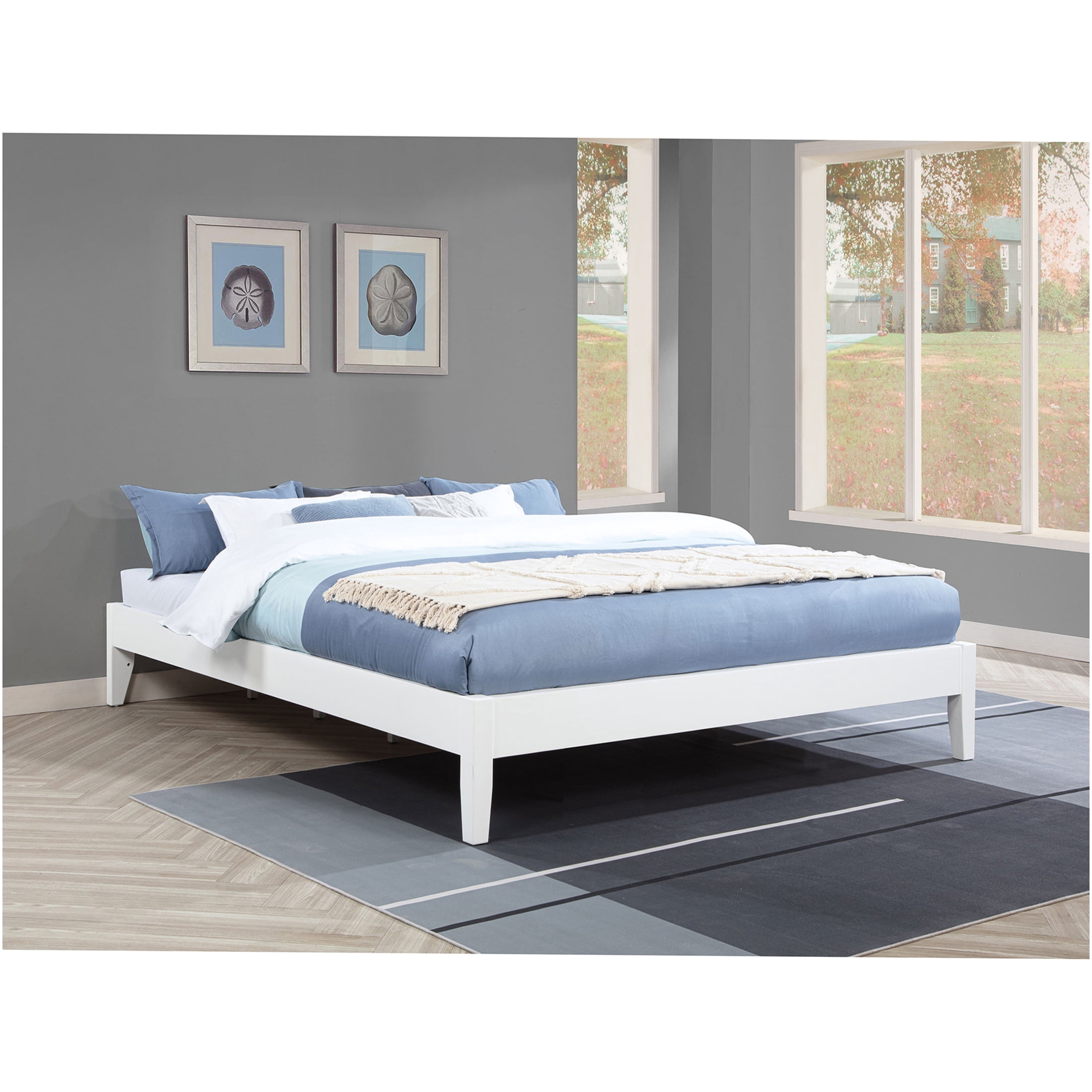 JERFIT White California King Size Wood Platform Bed Frame with Slatted Support, No Box Spring Needed, Modern Low Profile Design for Bedroom