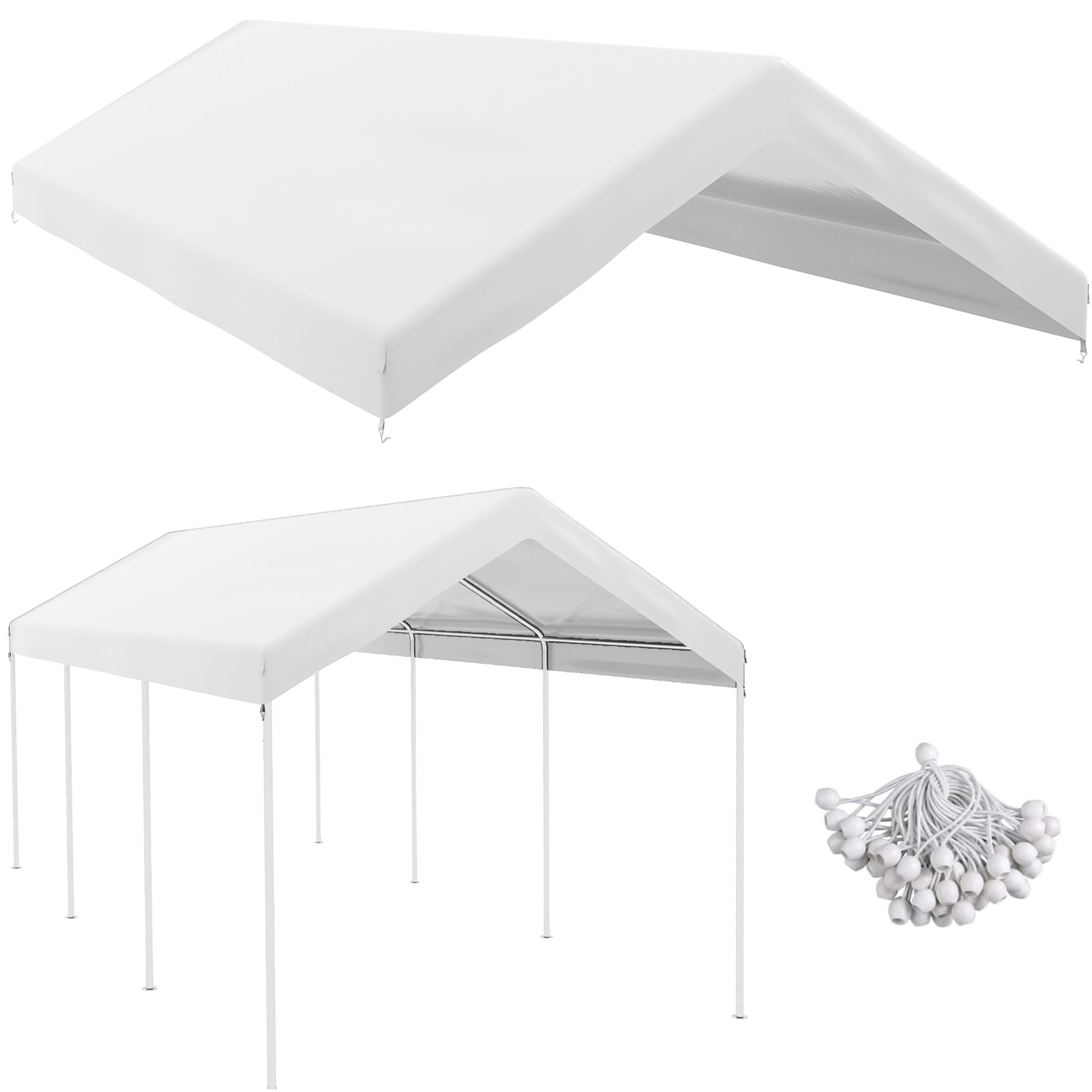 JERFIT White Carport Canopy Replacement Cover 10x20 ft, Waterproof & UV Resistant Polyethylene Top with Bungee Cords for Portable Garage