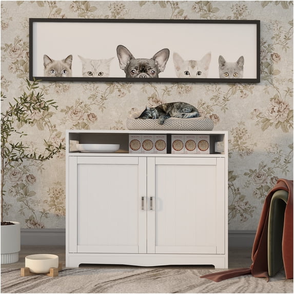 JERFIT White Cat Litter Box Enclosure Furniture with Hidden Power Outlet, 2-Door Cabinet Pet House, Side Table with Storage for Indoor Cats
