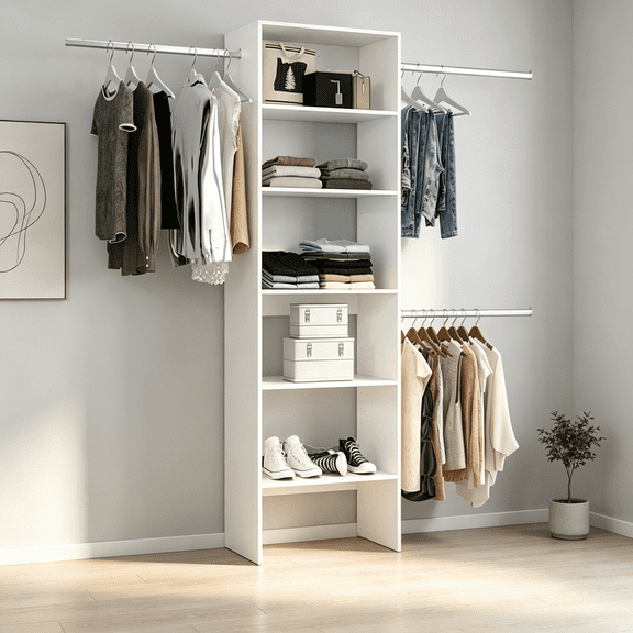 JERFIT White Closet Organizer System with Storage Tower & Dual Hanging Rods