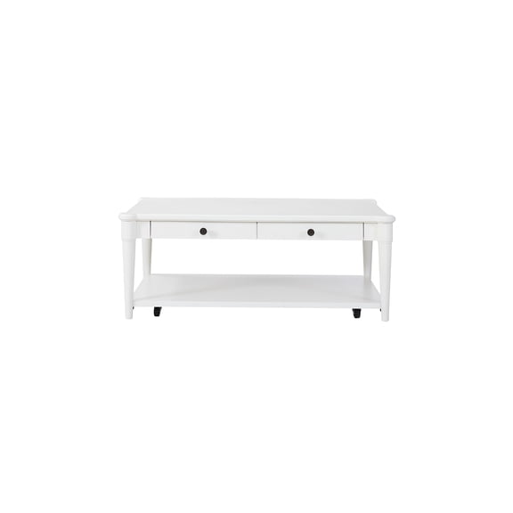 JERFIT White Cocktail Table with Storage Drawers, Rolling End Table with Casters for Living Room, Sofa Side Table with 2 Drawers, White Finish, Farmhouse & Transitional Design