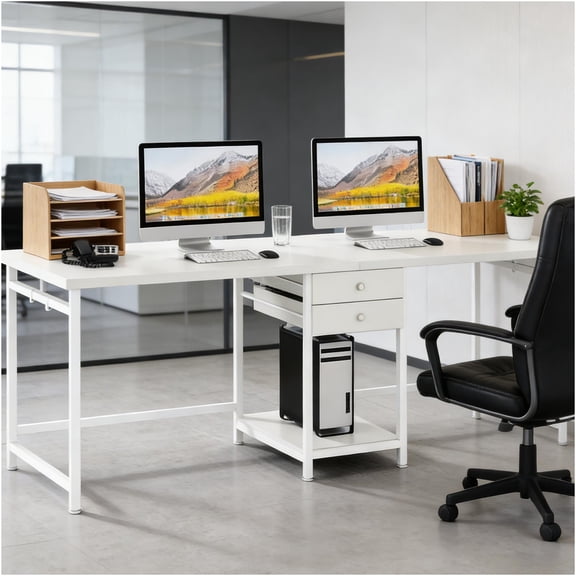 JERFIT White Computer Desk for 2 People, Dual Workstation Office Desk with Drawers, Study Writing Table, Sturdy Steel Frame, Spacious Modern Design for Home Office, Gaming, and Study