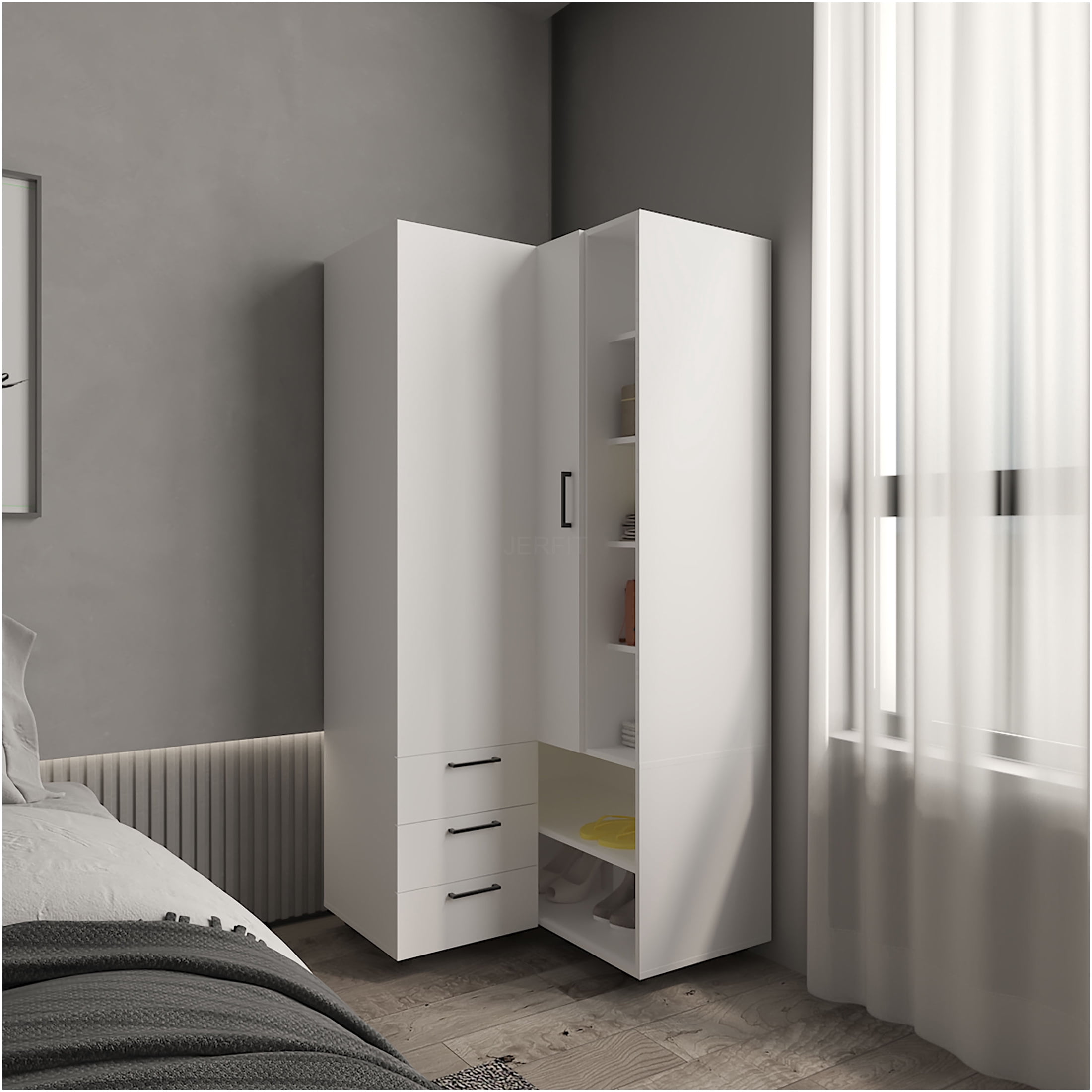 JERFIT White Corner Armoire with Doors, Bedroom Storage Cabinet for