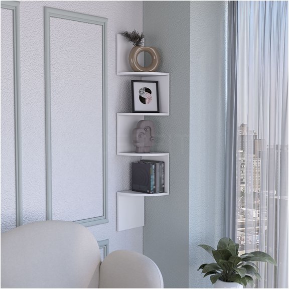 JERFIT White Corner Shelf Wall Mount, 4-Tier MDF Floating Shelves for Kitchen Bathroom, Modern Geometric Display Rack