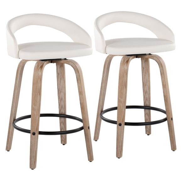 JERFIT White Counter Stool Set of 2, Swivel Bar Stools with PU Leather Seat and Whitewashed Wood Legs, Modern Kitchen Island Stools with Footrest