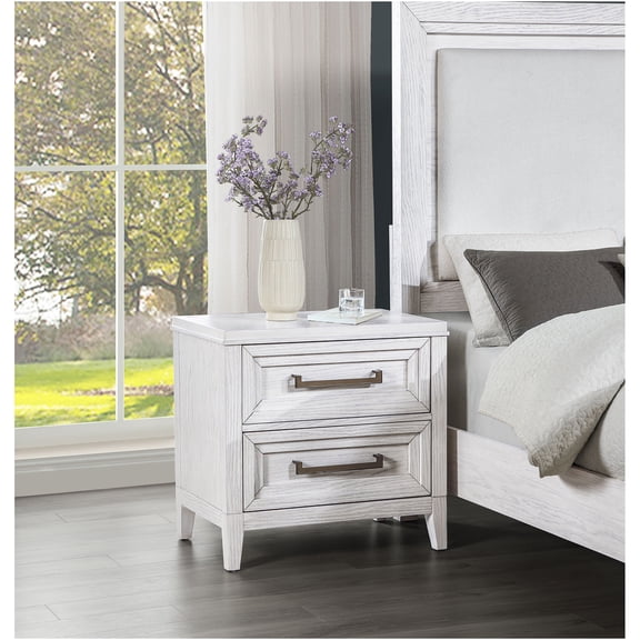 JERFIT White Distressed Nightstand, 2-Drawer Bedside Table with Step Design, Solid Wood & MDF Bedroom Storage Cabinet