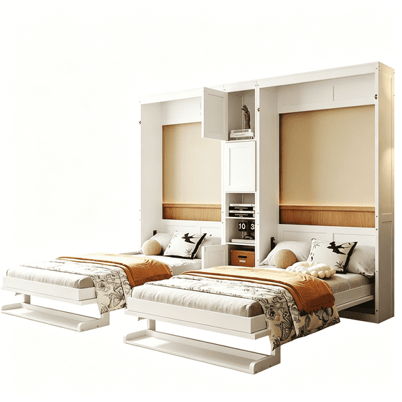 JERFIT White Dual Twin Murphy Bed with Storage Cabinet and Shelves, Space Saving Wall Bed Unit for Guest Room, Apartment, Studio